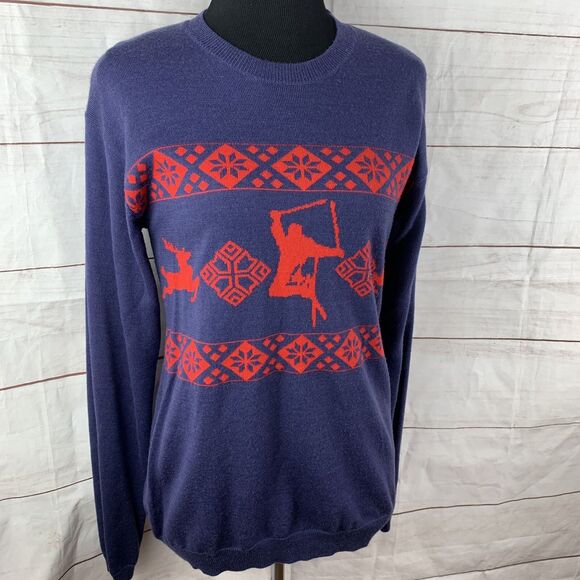 Core Concepts Merino Wool Sweater Pullover Small Red Navy Graphic Ski Deer Geo - Picture 3 of 16